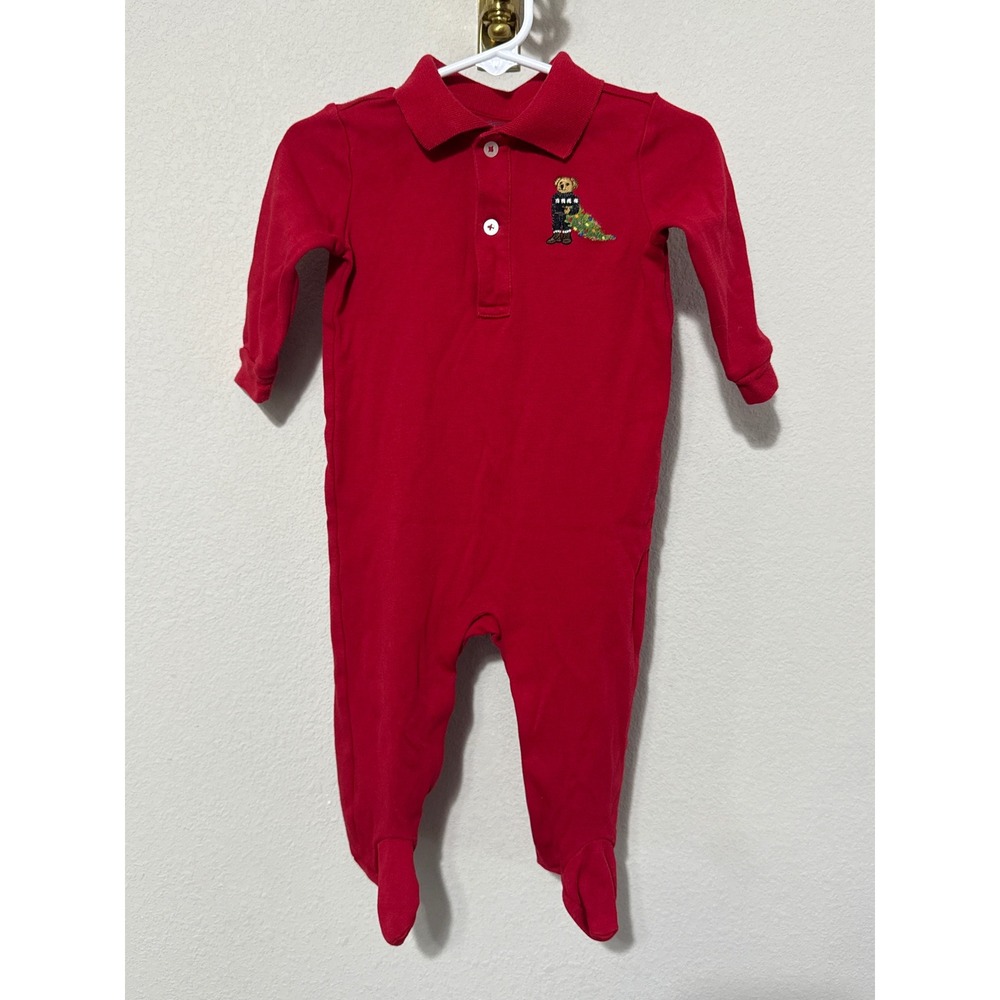 Ralph Lauren Polo Bear Coverall Baby 9M Red Christmas Holiday Footed Romper